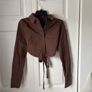 Cropped Button Back Tie Shirt - Brown